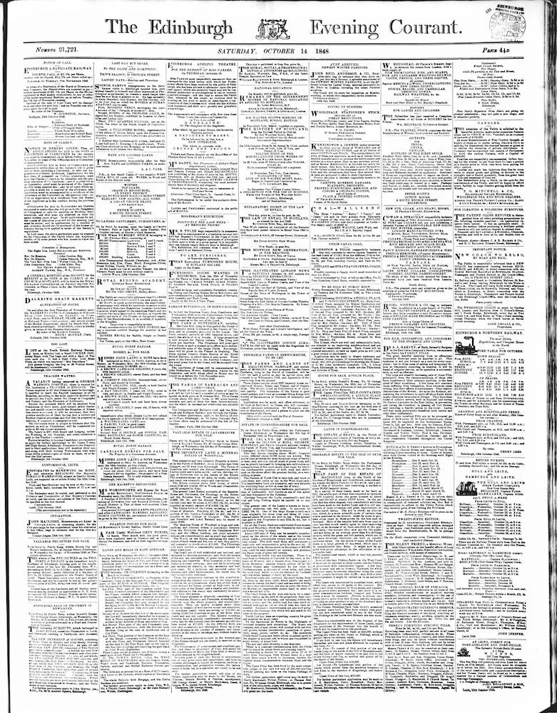 Front page of the Edinburgh Evening Courant from 14 October 1848